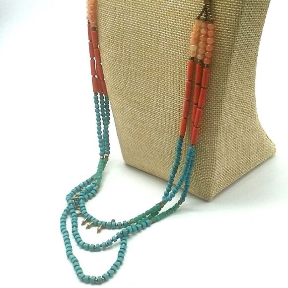 3 Strand Beaded Necklace Silver-tone Round Spacers & Spikes on 2 Leather Cords - Picture 11 of 16